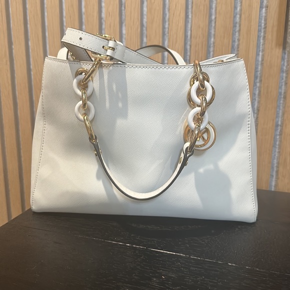 Michael Kors Cynthia Medium Saffiano Leather Satchel, Optic White - Picture 3 of 8